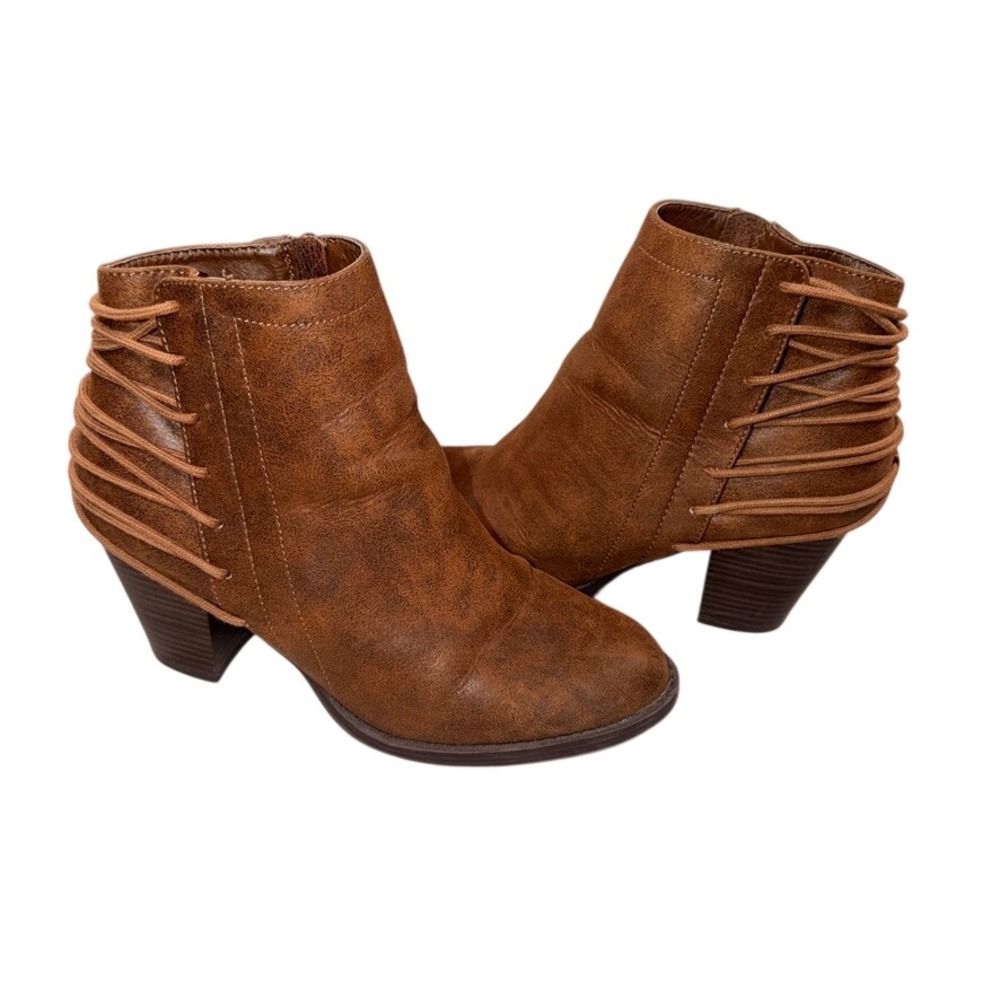 CATO Boot Scoot Brown Ankle Boots 8.5 Womens Lace Up Back Block Heel